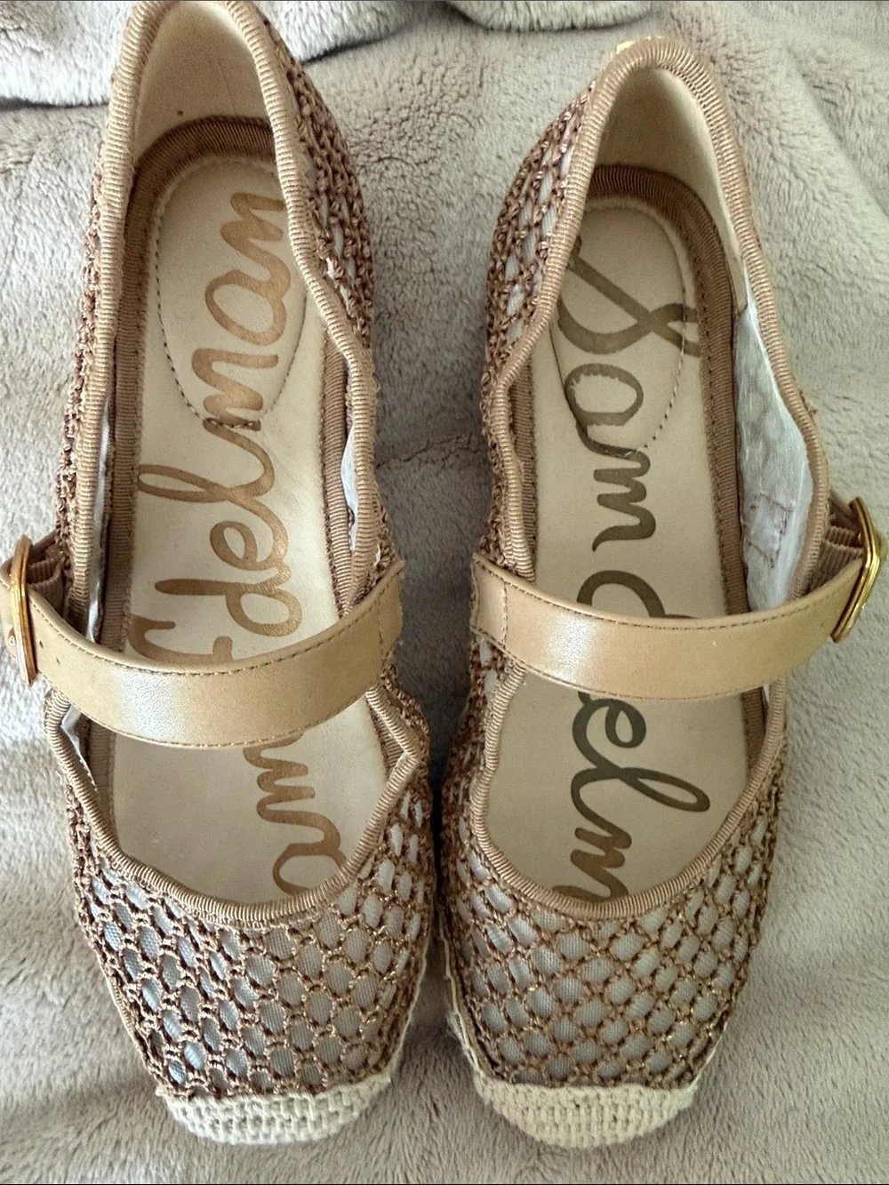Sam Edelman Mackie Gold/Tan Crochet Espadrille Mary Jane Shoes, size 6.5